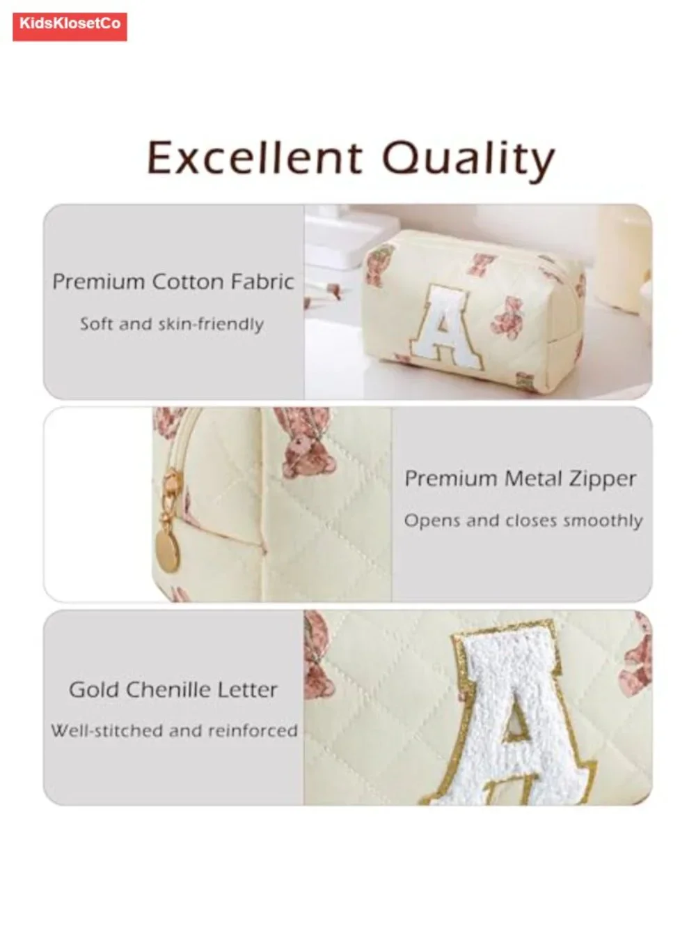Personalized Quilted Chenille Letter Makeup Bag with Bear Pattern Travel